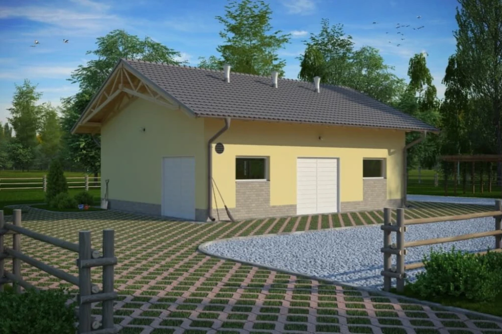 Projekt obory tech. LZG-65 tech., parterowy, niepodpiwniczony, bez poddasza - kolorystyka wersja 3
