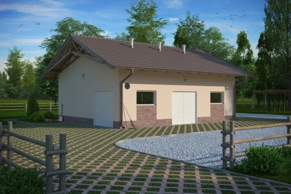 Projekt obory tech. LZG-65 tech., parterowy, niepodpiwniczony, bez poddasza - kolorystyka wersja 4