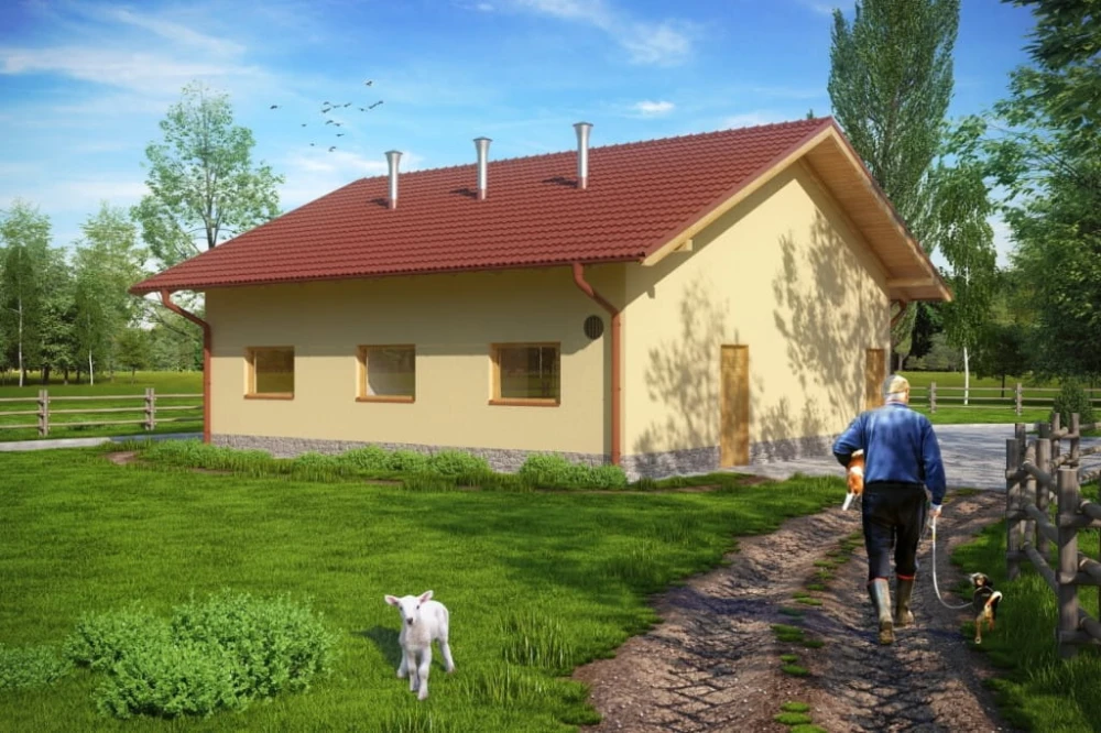 Projekt tuczarni tech. LZG-76 tech., parterowy, niepodpiwniczony, bez poddasza - kolorystyka wersja 1