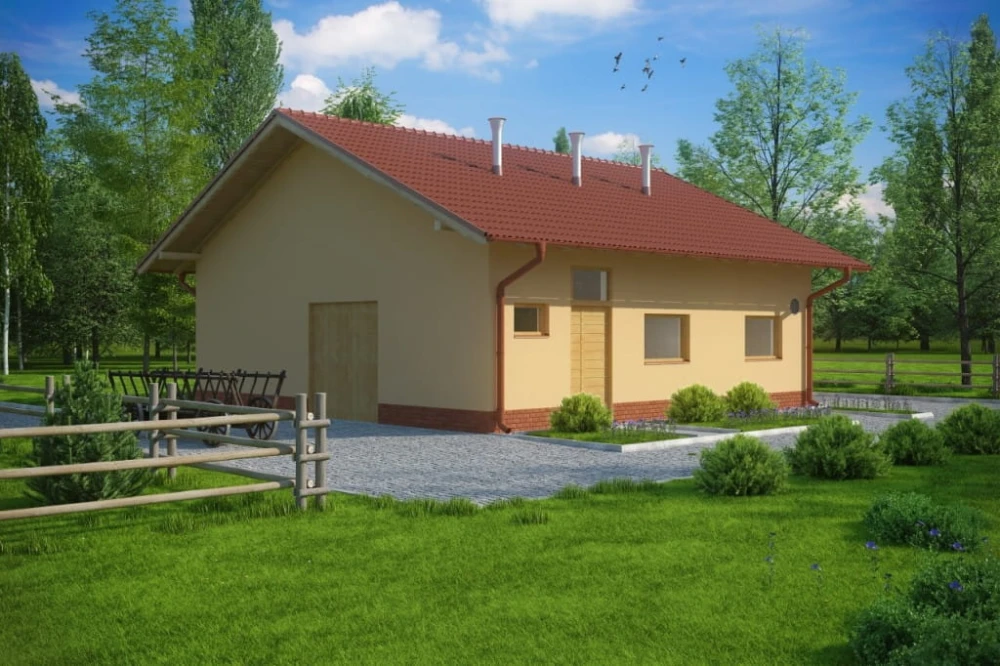 Projekt obory tech. LZG-77 tech., parterowy, niepodpiwniczony, bez poddasza - kolorystyka wersja 2