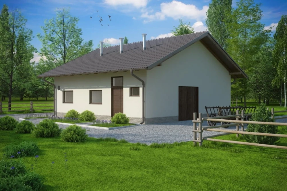 Projekt obory tech. LZG-77 tech., parterowy, niepodpiwniczony, bez poddasza - kolorystyka wersja 3