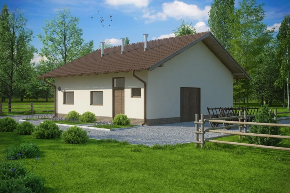 Projekt obory tech. LZG-77 tech., parterowy, niepodpiwniczony, bez poddasza - kolorystyka wersja 4