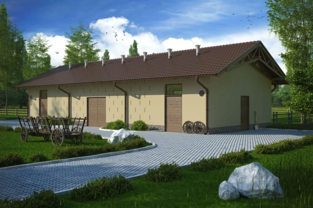 Projekt stajni tech. LZG-73 tech., parterowy, niepodpiwniczony, bez poddasza - kolorystyka wersja 3