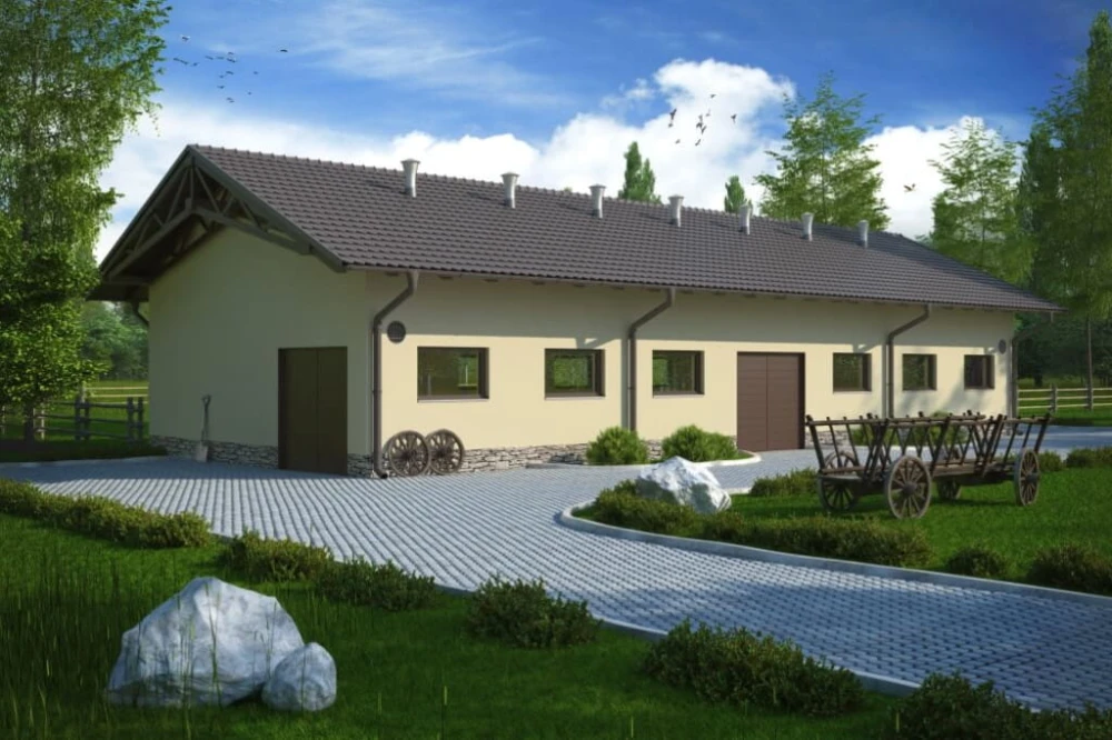 Projekt obory tech. ZG-71 tech., parterowy, niepodpiwniczony, bez poddasza - kolorystyka wersja 4