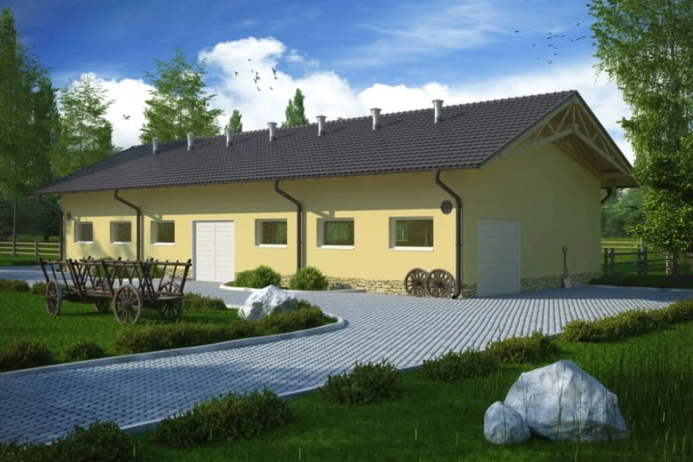 Projekt obory tech. LZG-71 tech., parterowy, niepodpiwniczony, bez poddasza - kolorystyka wersja 3