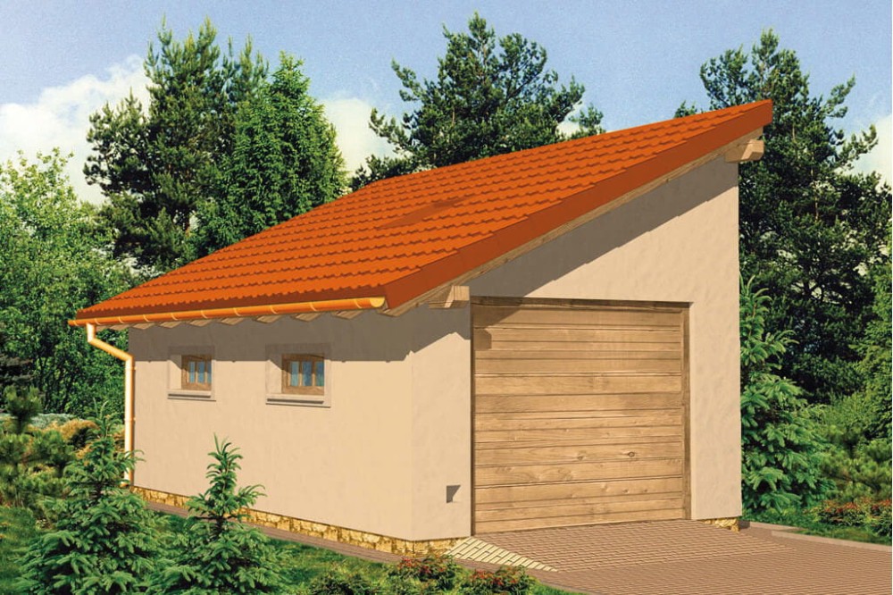 Projekt garażu jednostanowiskowego tech. LZG-49 tech.,  parterowy, bez podpiwniczenia, bez poddasza - kolorystyka wersja 3