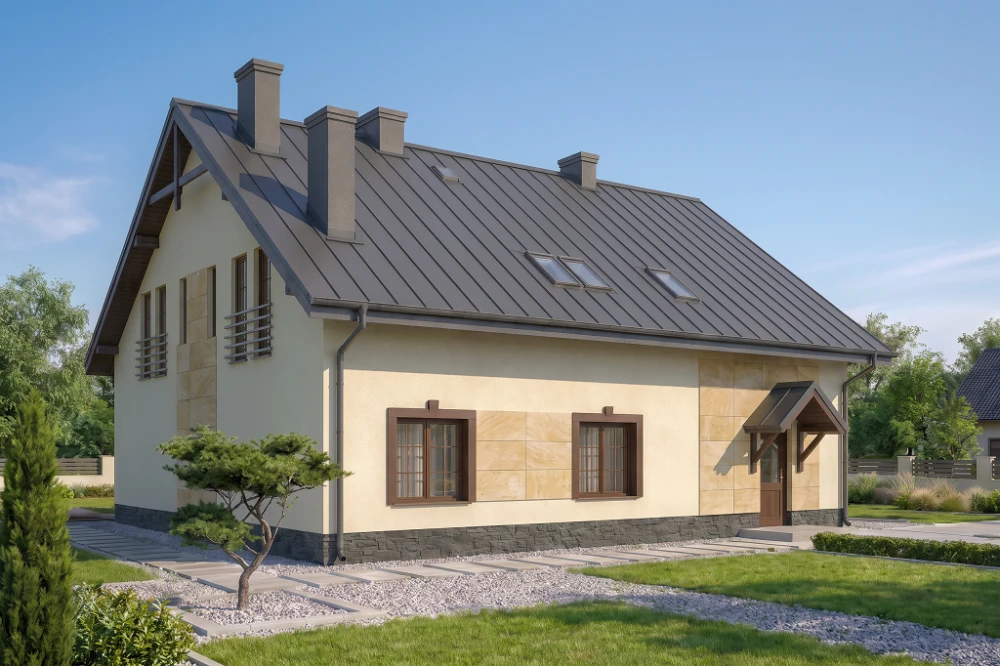 Projekt domu Stryków tech. DM-6481 tech., parterowy z poddaszem mieszkalnym, bez podpiwniczenia - wizualizacja elewacji ogrodowej