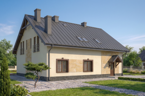 Projekt domu Stryków tech. DM-6481 tech., parterowy z poddaszem mieszkalnym, bez podpiwniczenia - wizualizacja elewacji ogrodowej