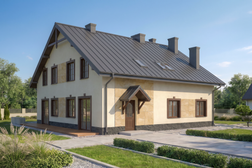 Projekt domu Stryków tech. DM-6481 tech., parterowy z poddaszem mieszkalnym, bez podpiwniczenia - wizualizacja elewacji frontowej