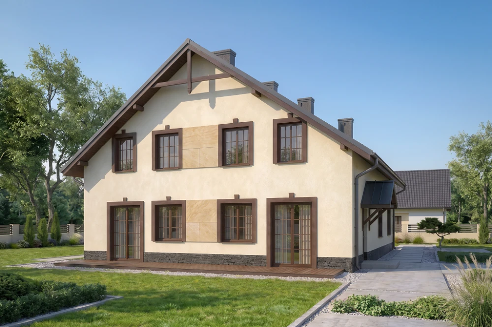 Projekt domu Stryków tech. DM-6481 tech., parterowy z poddaszem mieszkalnym, bez podpiwniczenia - wizualizacja elewacji lewej