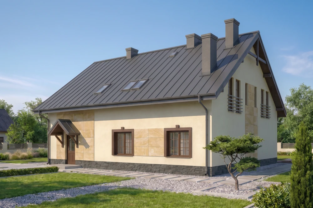 Projekt domu Stryków 2 L-6481, parterowy z poddaszem mieszkalnym, bez podpiwniczenia - wizualizacja elewacji ogrodowej