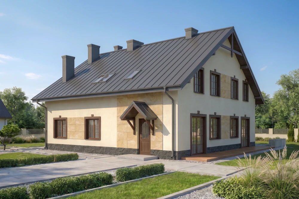 Projekt domu Stryków 2 tech. L-6481 tech., parterowy z poddaszem mieszkalnym, bez podpiwniczenia - wizualizacja elewacji frontowej