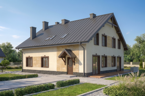 Projekt domu Stryków 2 tech. L-6481 tech., parterowy z poddaszem mieszkalnym, bez podpiwniczenia - wizualizacja elewacji frontowej