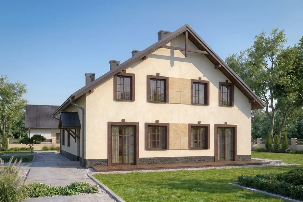 Projekt domu Stryków 2 tech. L-6481 tech., parterowy z poddaszem mieszkalnym, bez podpiwniczenia - wizualizacja elewacji prawej