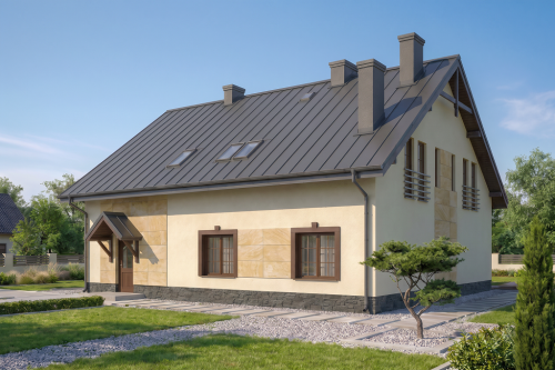 Projekt domu Stryków 2 tech. L-6481 tech., parterowy z poddaszem mieszkalnym, bez podpiwniczenia - wizualizacja elewacji ogrodowej