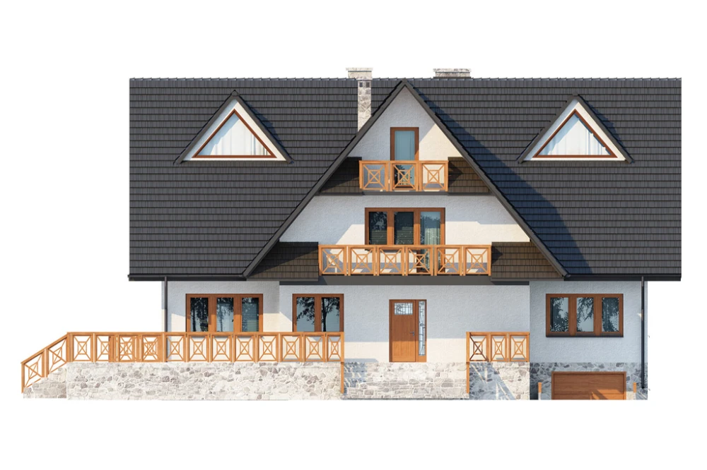 Projekt domu Zakopane DM-6551, piętrowy z poddaszem mieszkalnym, podpiwniczony, z garażem - elewacja frontowa