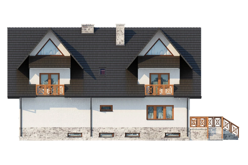 Projekt domu Zakopane DM-6551, piętrowy z poddaszem mieszkalnym, podpiwniczony, z garażem - elewacja ogrodowa