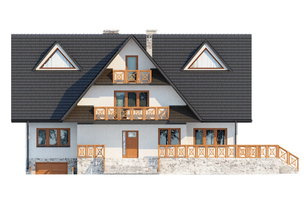Projekt domu Zakopane 2 L-6551, piętrowy z poddaszem mieszkalnym, podpiwniczony, z garażem - elewacja frontowa