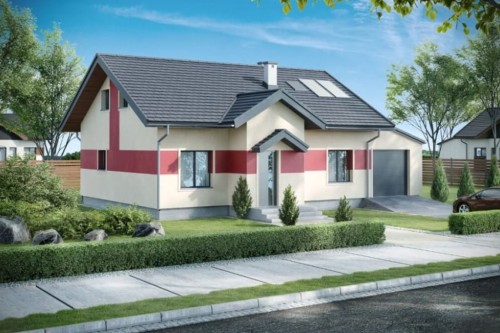 Projekt domu Barwinkowo tech. DM-6565 tech., parterowy, niepodpiwniczony z garażem jednostanowiskowym oraz antresolą - kolorystyka wersja 2