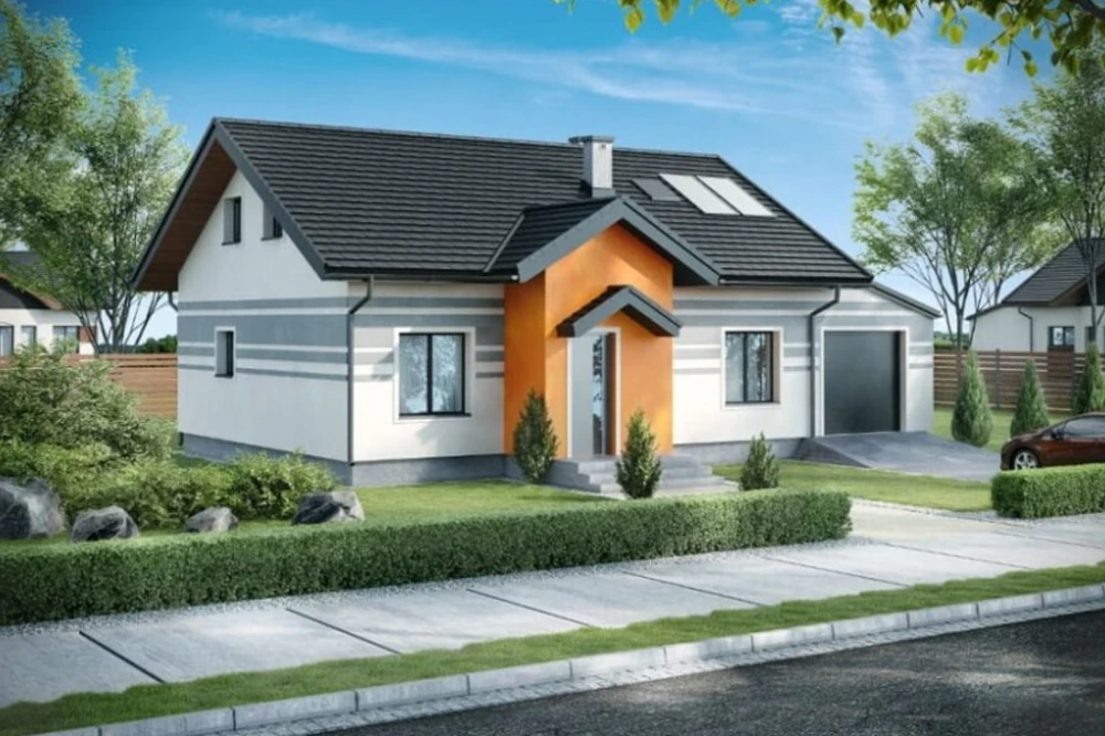 Projekt domu Barwinkowo tech. DM-6565 tech., parterowy, niepodpiwniczony z garażem jednostanowiskowym oraz antresolą - kolorystyka wersja 3