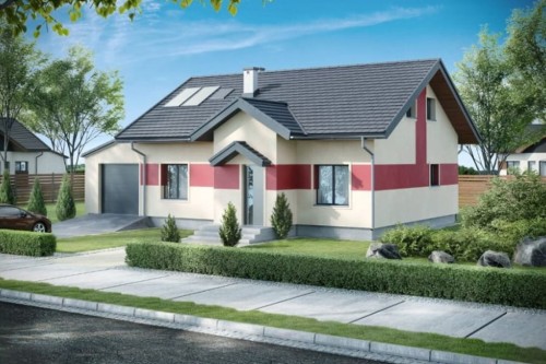 Projekt domu Barwinkowo 2 tech. L-6565 tech., parterowy, niepodpiwniczony z garażem jednostanowiskowym oraz antresolą - kolorystyka wersja 2
