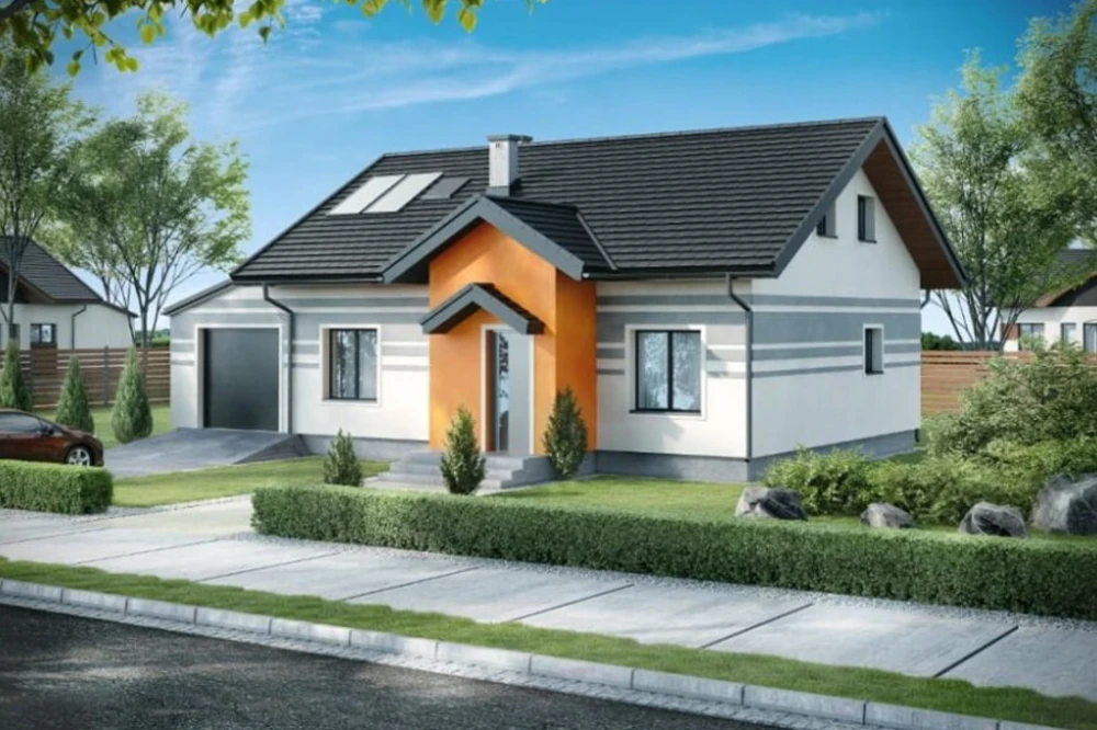 Projekt domu Barwinkowo 2 tech. L-6565 tech., parterowy, niepodpiwniczony z garażem jednostanowiskowym oraz antresolą - kolorystyka wersja 3