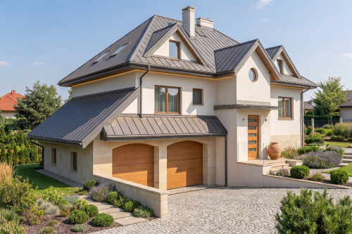 Projekt domu Zarzecze tech. DM-6403 tech., parterowy z poddaszem użytkowym, z garażem dwustanowiskowym, częściowo podpiwniczony - wizualizacja elewacji frontowej
