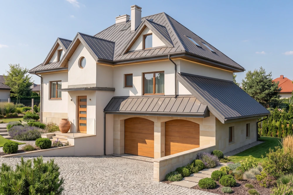 Projekt domu Zarzecze 2 tech. L-6403 tech., parterowy z poddaszem użytkowym, z garażem dwustanowiskowym, częściowo podpiwniczony - wizualizacja elewacji frontowej