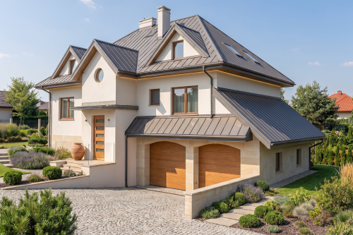 Projekt domu Zarzecze 2 tech. L-6403 tech., parterowy z poddaszem użytkowym, z garażem dwustanowiskowym, częściowo podpiwniczony - wizualizacja elewacji frontowej
