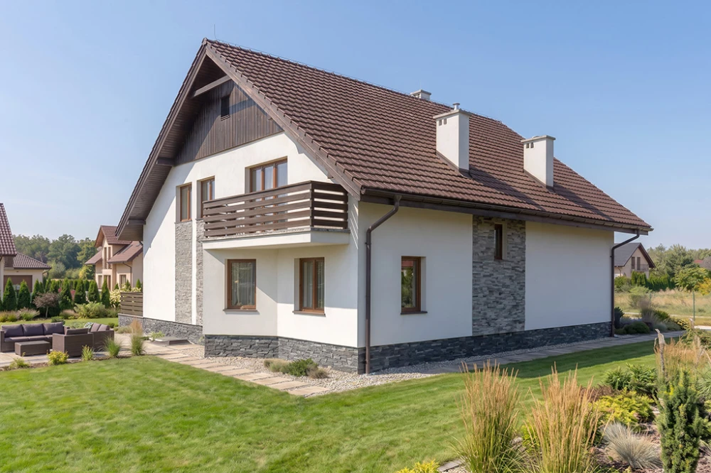 Projekt domu Ciepielów DM-6194, parterowy z poddaszem mieszkalnym, częściowo podpiwniczony - wizualizacja elewacji ogrodowej