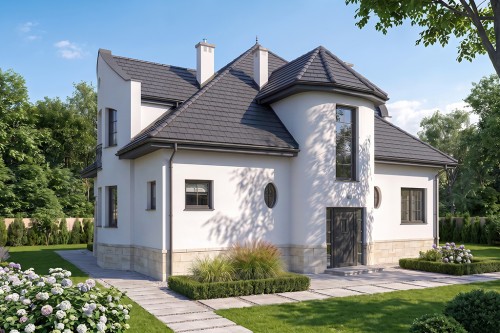 Projekt domu Biebrowo tech. DM-6222 tech., parterowy z poddaszem mieszkalnym, bez podpiwniczenia - wizualizacja elewacji frontowej