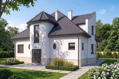 Projekt domu Zbylutów tech. L-6222 tech., parterowy z poddaszem mieszkalnym, bez podpiwniczenia - wizualizacja elewacji frontowej