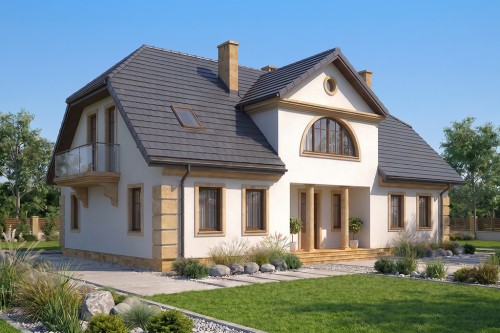Projekt domu Lipowiec B tech. DM-6290 B tech., parterowy z użytkowym poddaszem, z garażem jednostanowiskowym, z podpiwniczeniem - wizualizacja elewacji frontowej