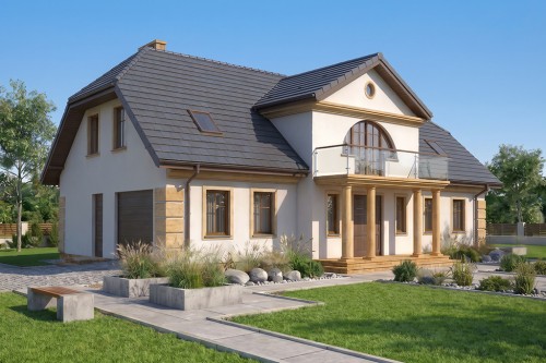 Projekt domu Lipowiec B tech. DM-6290 B tech., parterowy z użytkowym poddaszem, z garażem jednostanowiskowym, z podpiwniczeniem - wizualizacja elewacji ogrodowej