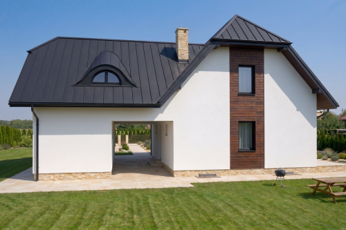 Projekt domu Podbiele tech. DM-6482 tech., parterowy z poddaszem mieszkalnym, podpiwniczony z garażem - wizualizacja elewacji ogrodowej
