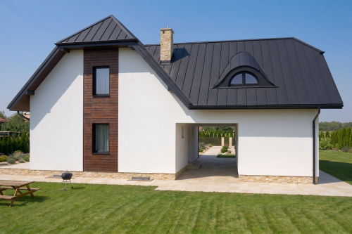Projekt domu Podbiele 2 tech. L-6482 tech., parterowy z poddaszem mieszkalnym, podpiwniczony z garażem - wizualizacja elewacji ogrodowej