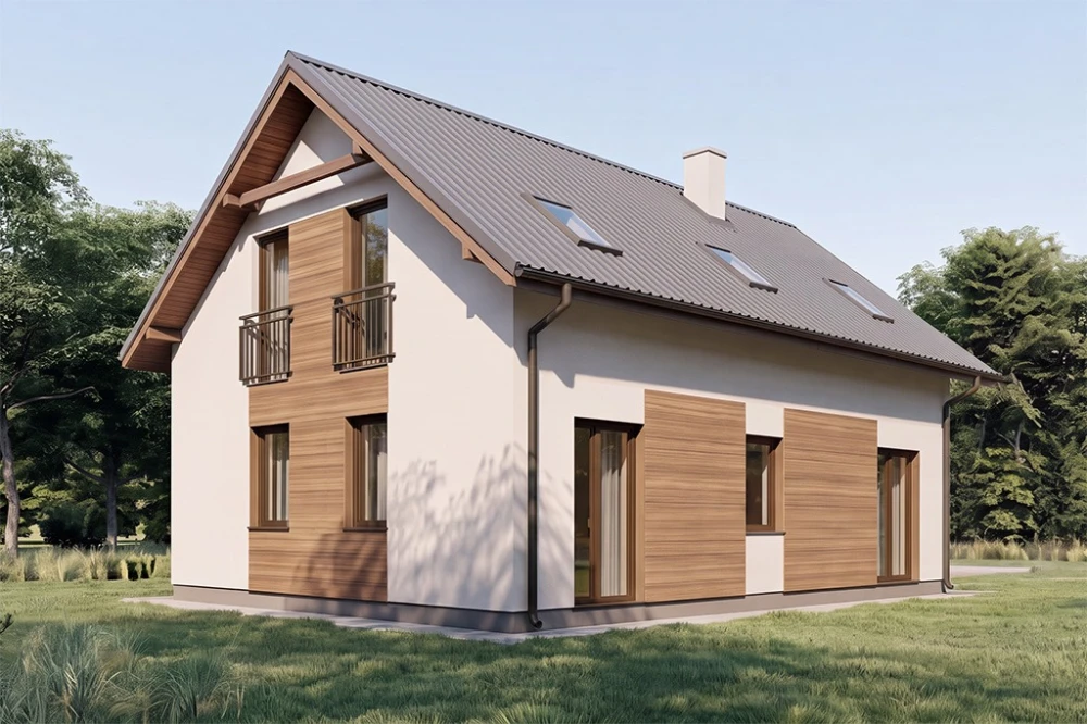 Projekt domu Bieżanowiec B L-6285 B, jednorodzinny, podpiwniczony, z poddaszem użytkowym - wizualizacja elewacji lewej