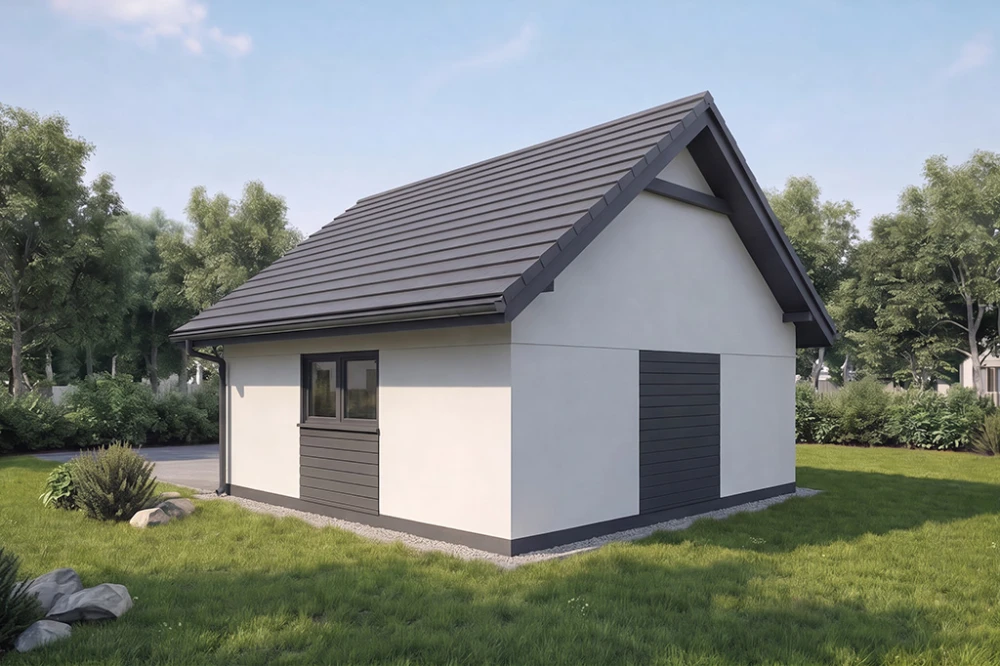 Projekt garażu ZG-121, parterowy, niepodpiwniczony, jednostanowiskowy - wizualizacja elewacji prawej
