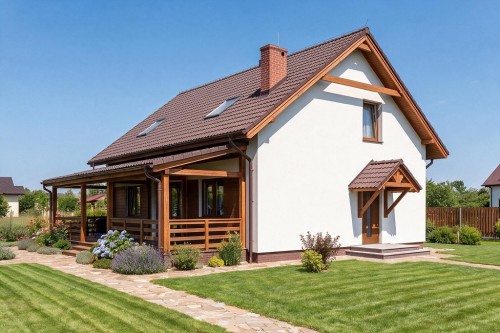 Projekt domu Żerkowice DM-6500, parterowy z poddaszem, bez garażu, niepodpiwniczony z werandą - wizualizacja elewacji frontowej