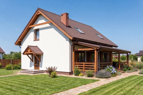 Projekt domu Żerkowice 2 tech. L-6500 tech., parterowy z poddaszem, bez garażu, niepodpiwniczony z werandą - wizualizacja elewacji frontowej