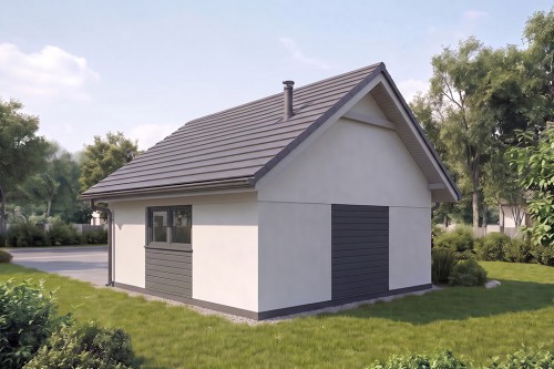 Projekt garażu LZG-121, parterowy, niepodpiwniczony, jednostanowiskowy - wizualizacja elewacji ogrodowej