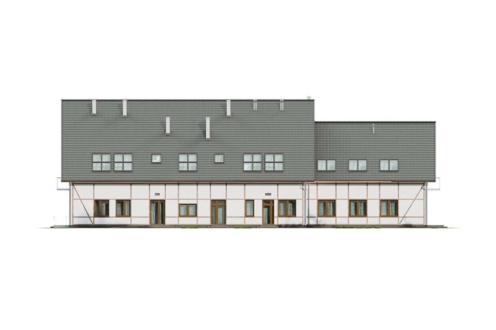 Projekt budynku mieszkalno - pensjonatowego K-114, parterowy z poddaszem użytkowym, bez podpiwniczenia, bez garażu - elewacja ogrodowa