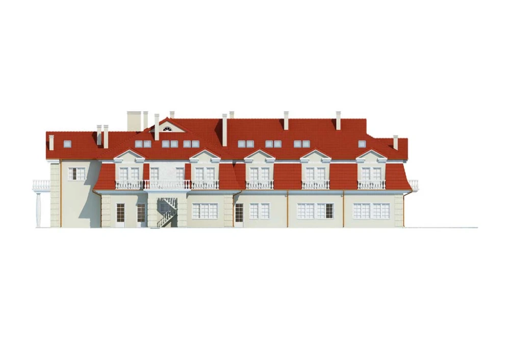 Projekt hotelu K-12, budynek piętrowy z poddaszem użytkowym, częściowo podpiwniczony - elewacja prawa