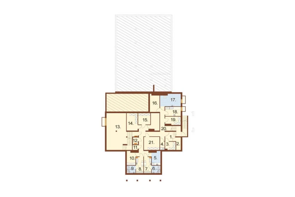 Projekt hotelu K-12, budynek piętrowy z poddaszem użytkowym, częściowo podpiwniczony - rzut piwnicy
