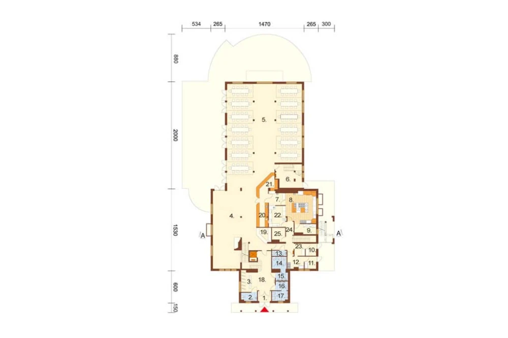 Projekt hotelu K-12, budynek piętrowy z poddaszem użytkowym, częściowo podpiwniczony - rzut parteru