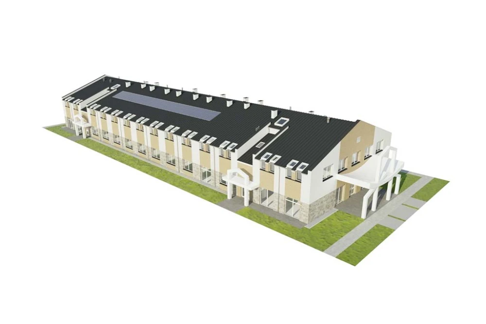 Projekt zakładu opiekuńczo - leczniczego K-136, parterowy z poddaszem użytkowym, bez garażu, piwnicy, przystosowany dla osób niepełnosprawnych - model