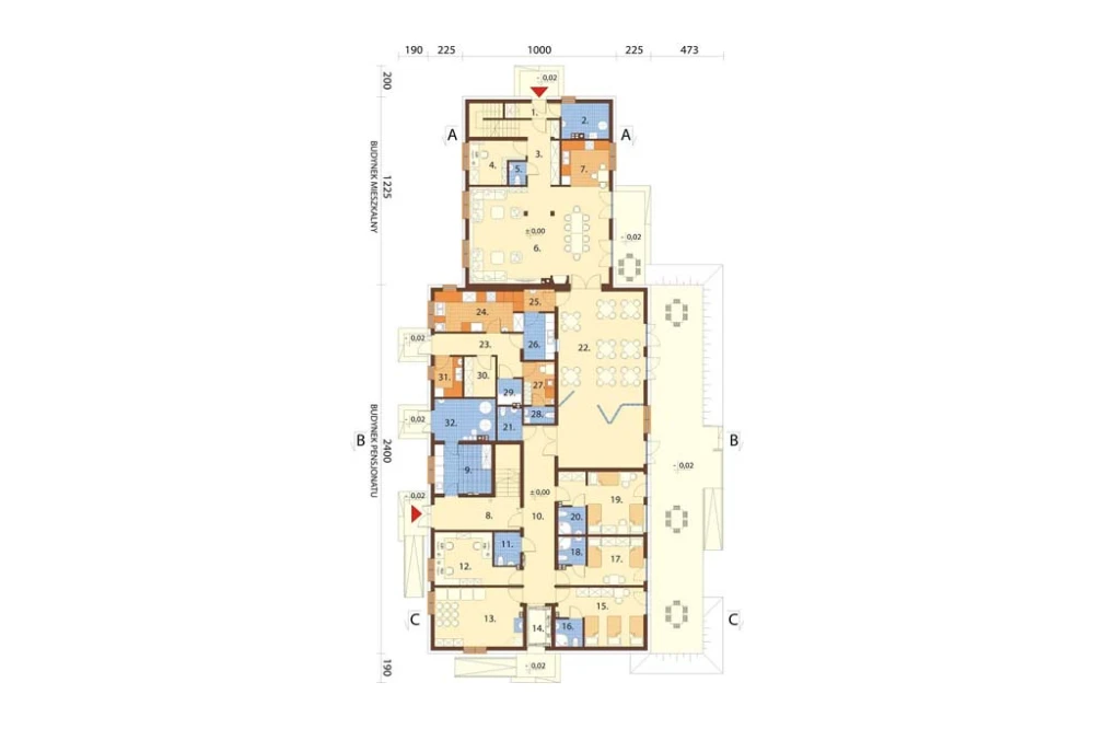 Projekt budynku mieszkalno - pensjonatowego LK-114, parterowy z poddaszem użytkowym, bez podpiwniczenia, bez garażu - rzut parteru