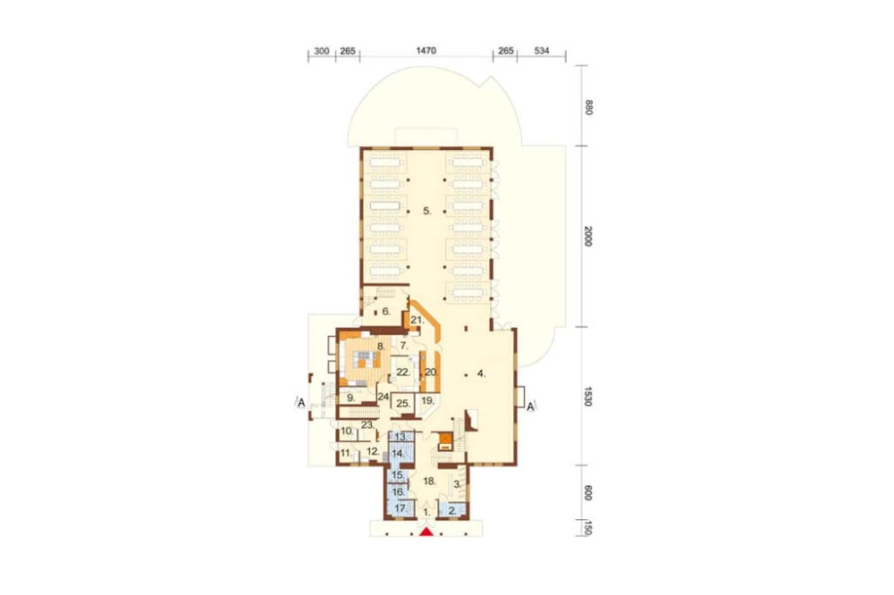 Projekt hotelu LK-12, budynek piętrowy z poddaszem użytkowym, częściowo podpiwniczony - rzut parteru