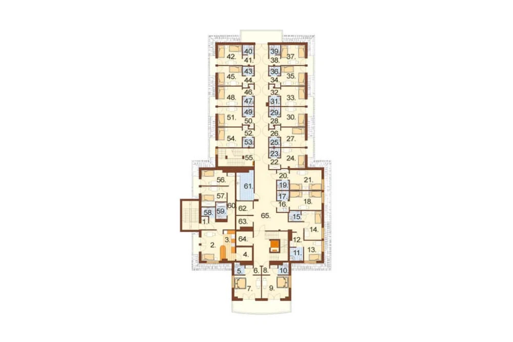 Projekt hotelu LK-12, budynek piętrowy z poddaszem użytkowym, częściowo podpiwniczony - rzut pierwszego piętra