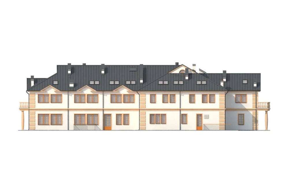 Projekt restauracji z motelem LK-12 C, dwupiętrowy z poddaszem użytkowym, podpiwniczony - elewacja lewa